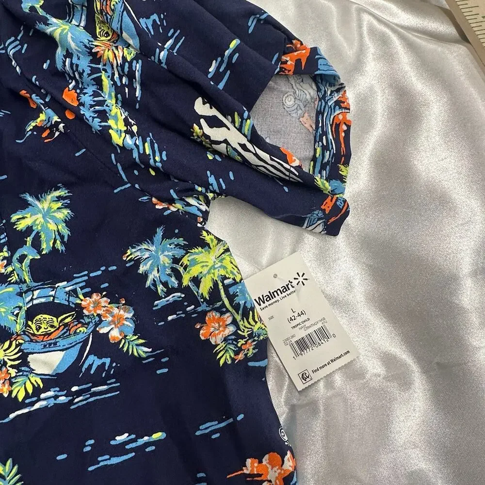 NWT-Star Wars Baby Yoda Hawaiian Button Up Shirt Men's Large Palm Trees - Picture 14 of 15